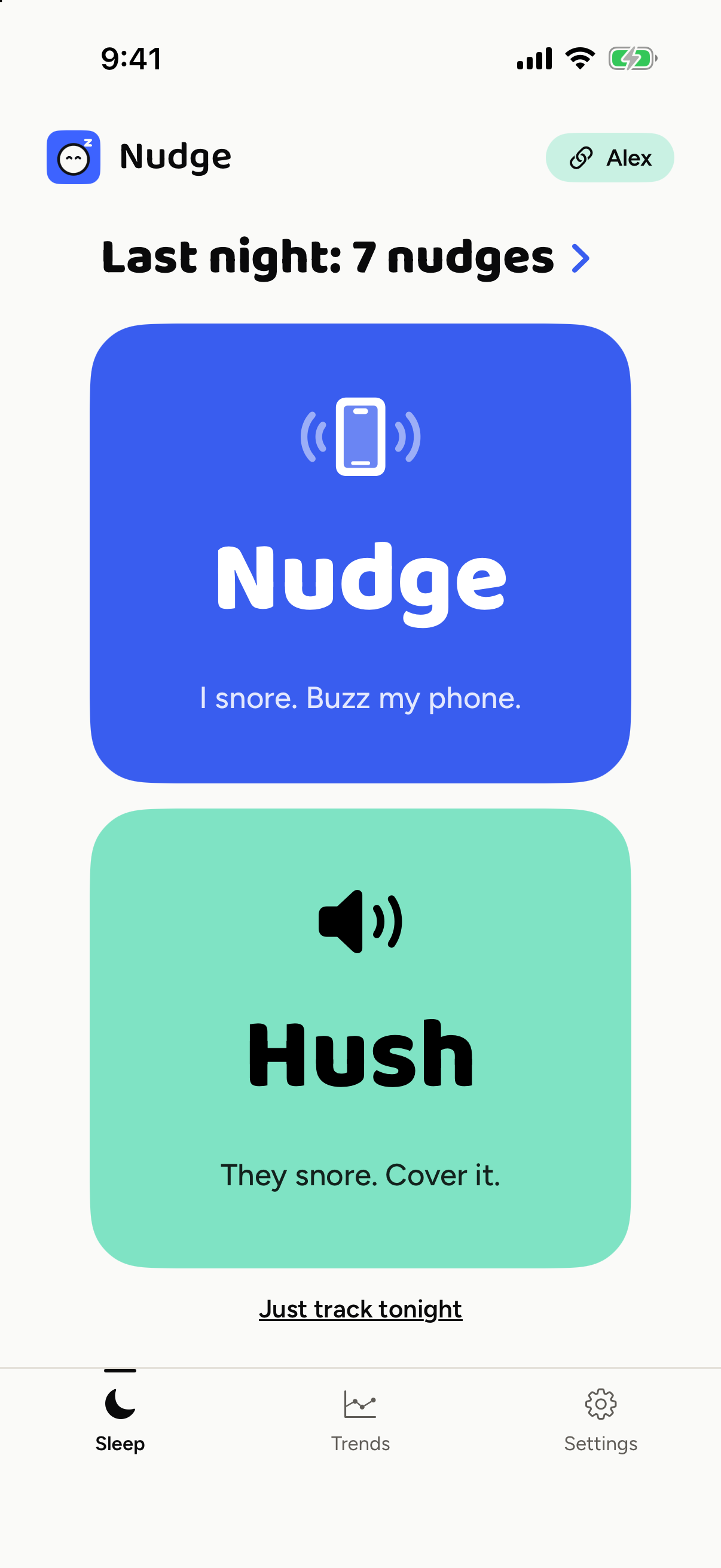 Nudge and Hush home screen