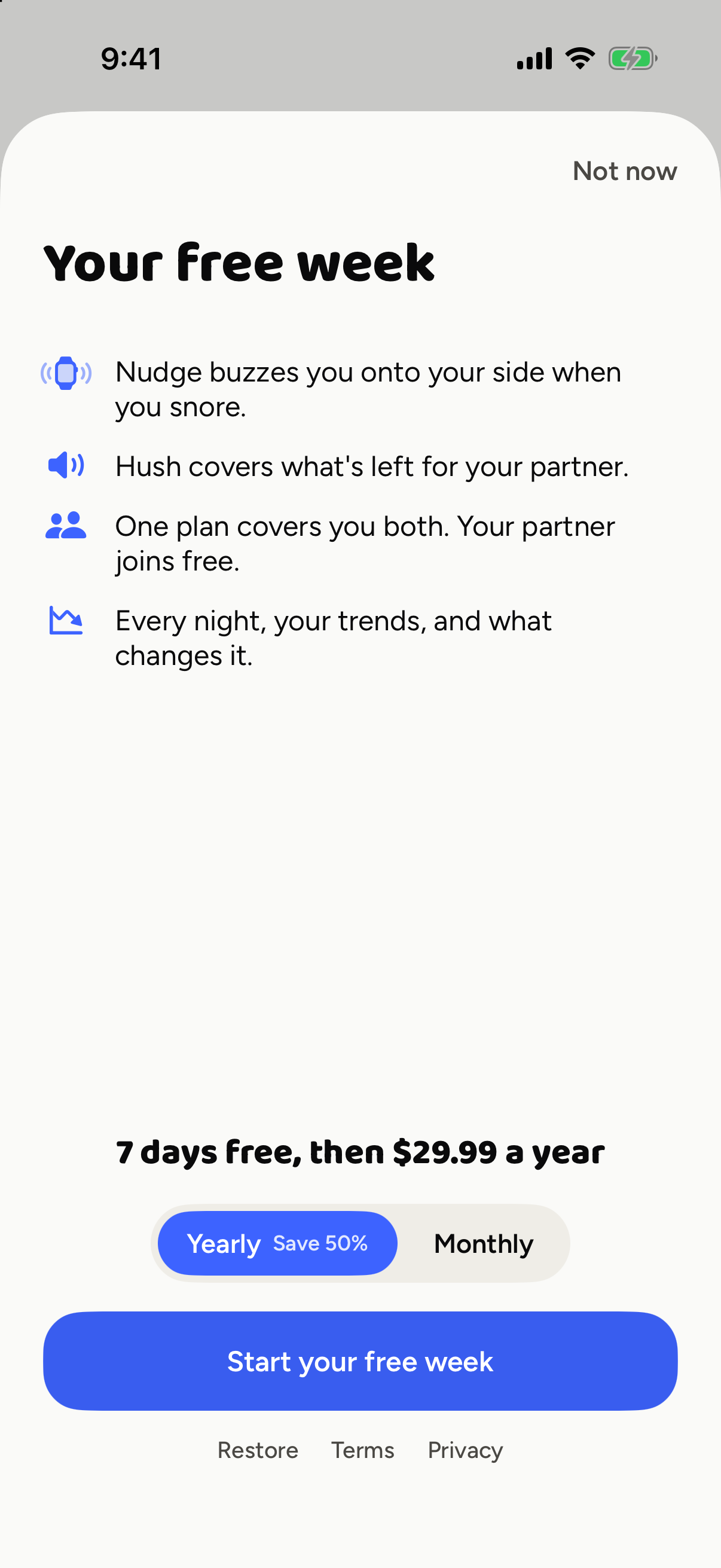 Nudge seven-day free trial screen